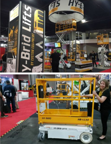 Hy-brid Lifts by Custom Equipment. Two photos from a trade show/conference showing their lifts.