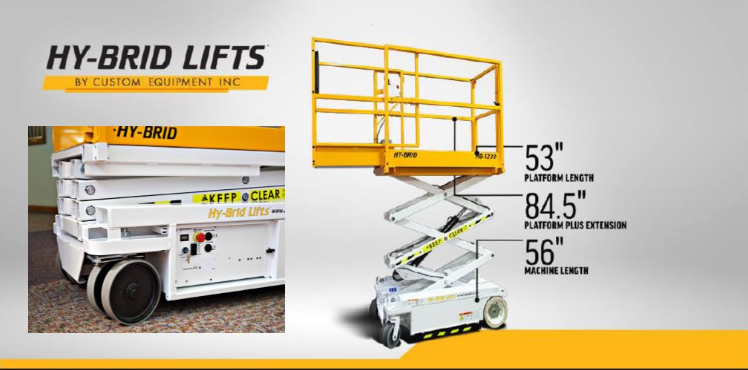 A Hy-brid lifts by Custom Equipment, a photo with information regarding a 53 inch platform length, 84.5 inch platform plus extension and 56 inch machine length.