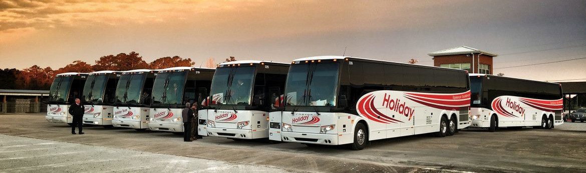 Holiday Tours buses lined up in a parking lot.