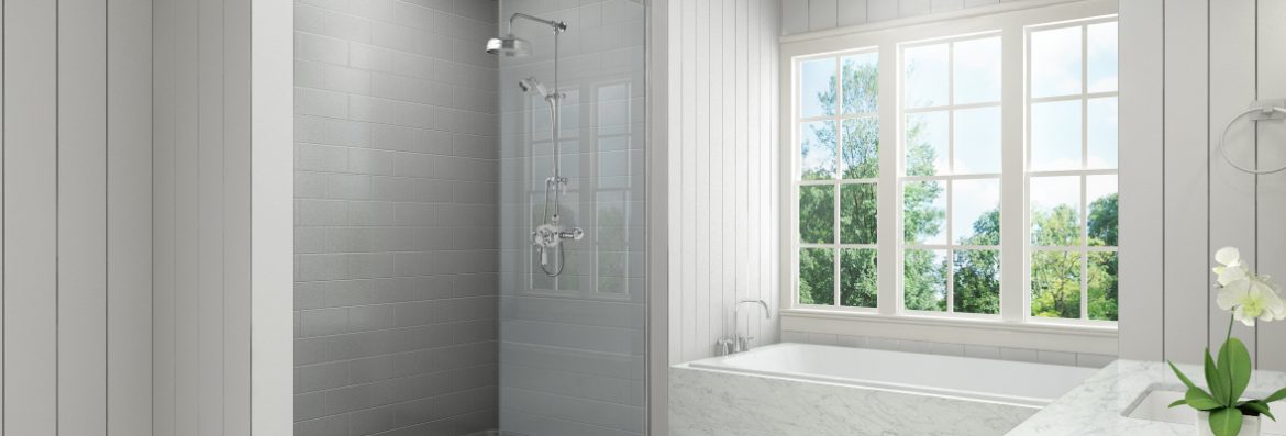 Bestbath bathroom with a shower and tub with a window over the tub.