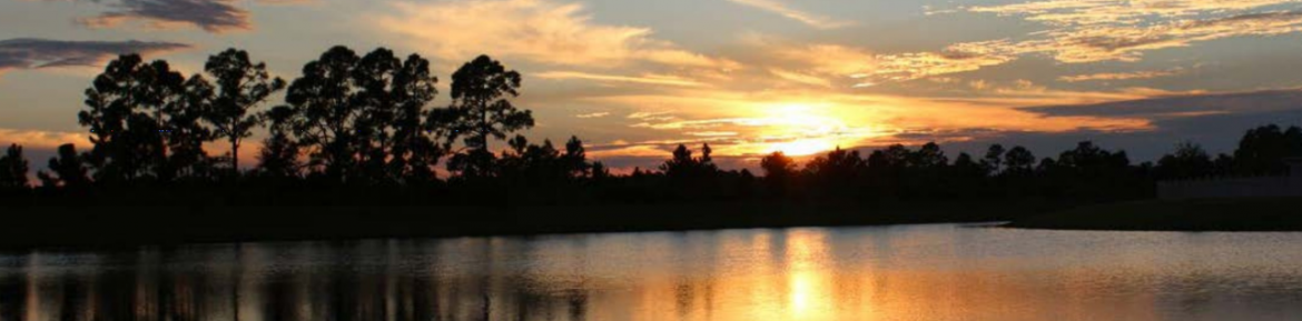 Palm Bay Florida view of a sunset on a lake with trees on the horizon.