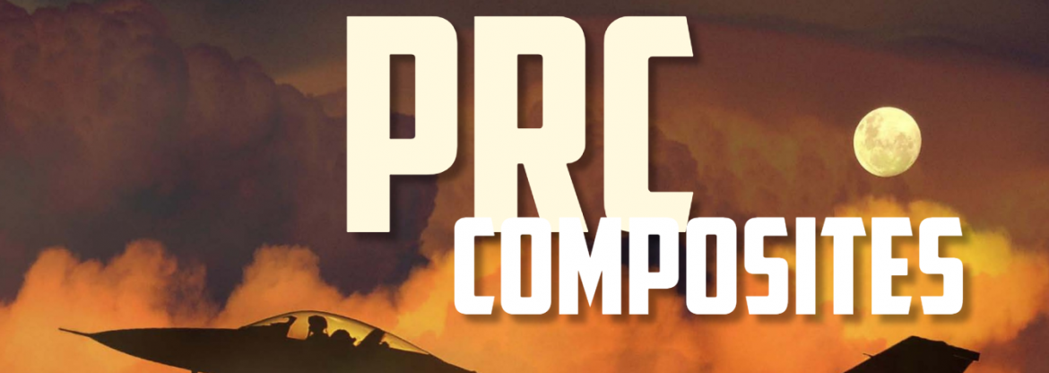 PRC Composites text on top of an orange sky background with clouds and a moon. Peaking up from the bottom left and right are the cockpit and tail of a jet.