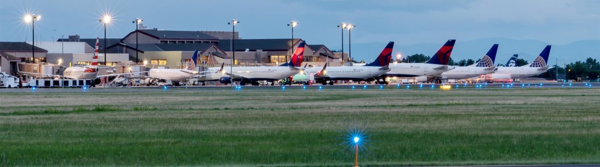 Bozeman Yellowstone International Airport view of jumbo jets lined up.