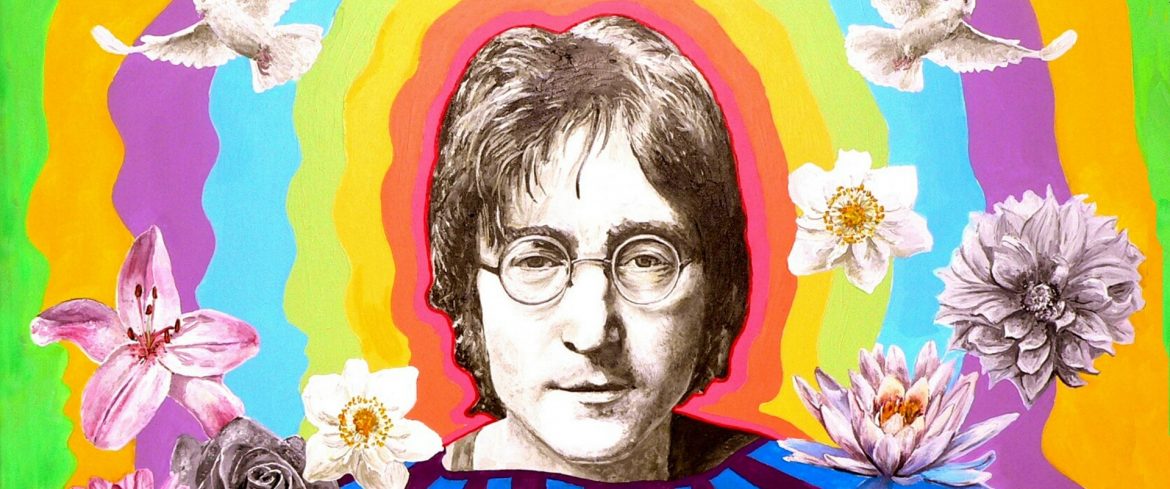 John Lennon art with his face and a colorful background with flowers.
