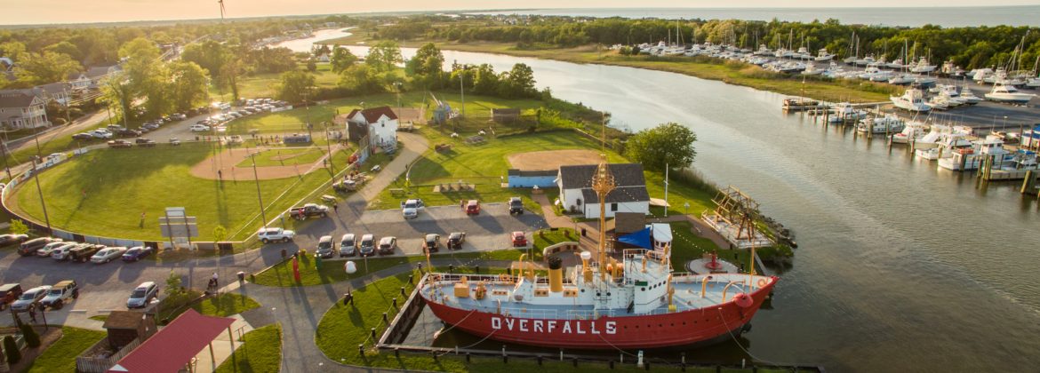 Lewes, Delaware; Overfalls Ball Park at sunset, aerial view.