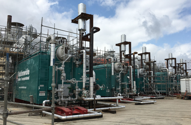 Nationwide Boiler Inc Five 75Kpph Superheat Rental Boilers with Urea Based SCRs Installed at Refinery.