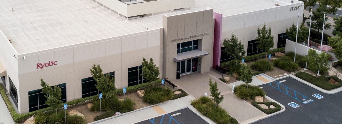 Wakunaga of America building, aerial view.