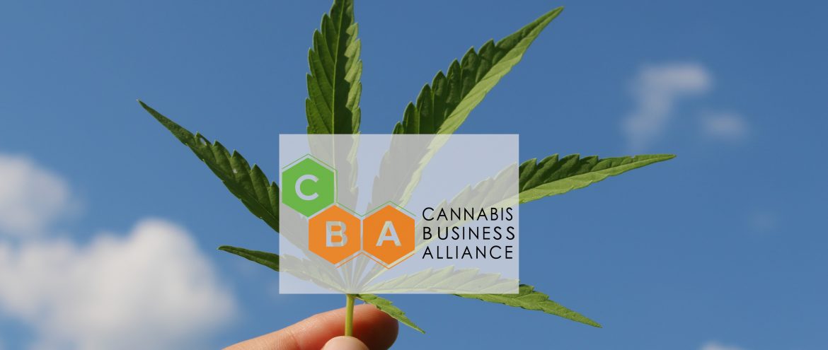 The Cannabis Business Alliance. A hemp leaf being held up by a hand with blue sky and white clouds behind. Over top is the CBA logo.