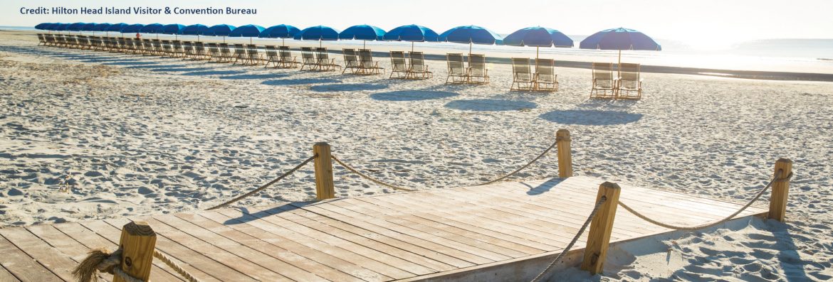 Hilton Head Island South Carolina beach view with a wooden walkway and chairs with blue umbrellas.