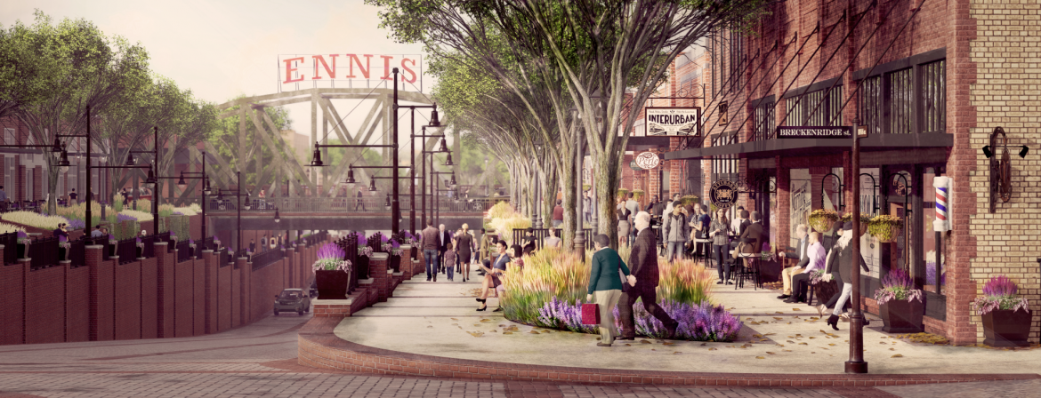 Ennis, Texas rendering of an underpass connector in the city with faux people active around.