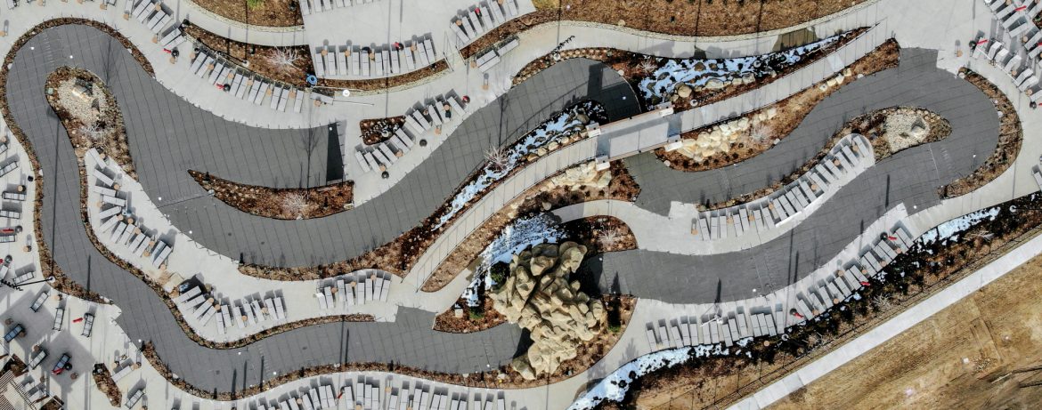 Meyco Products / TopTec Products aerial view of a pool cover installation on a large Waterpark's Lazy River.