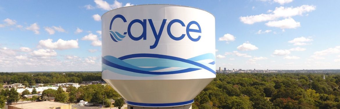 Cayce, South Carolina water tower with Cayce printed on it.