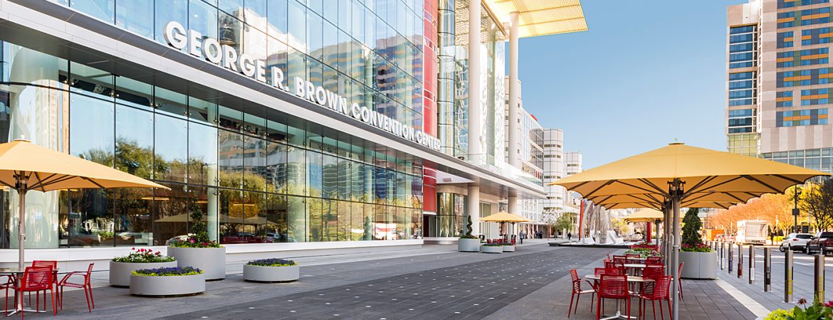 The George R. Brown Convention Center, a view of the entrance from the walkway in front.
