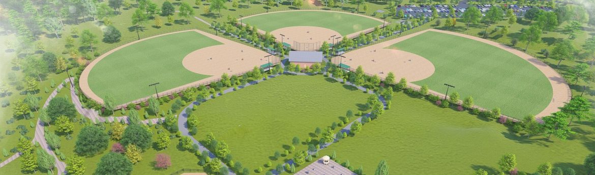 Newberry, South Carolina, SC rendering of their new recreation center, showing mostly three baseball fields.