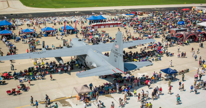 Rosecrans memorial airport Sound of Speed airshow aerial view of the crowd on the runway.