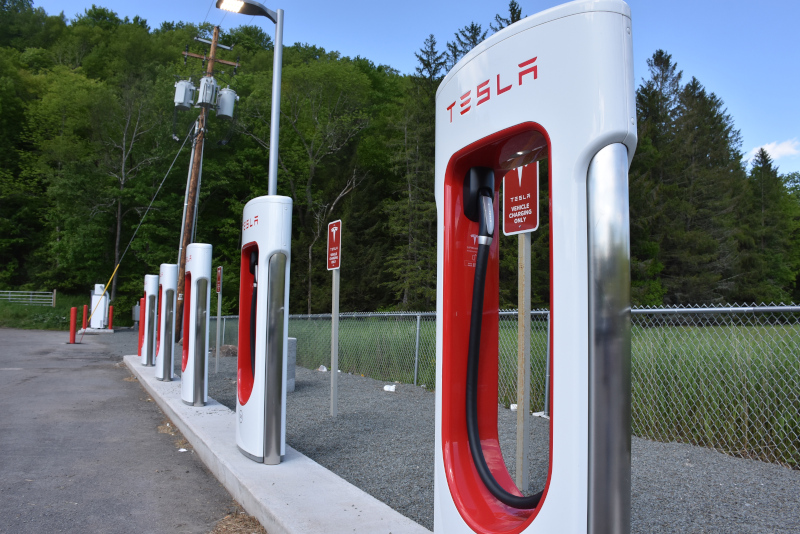 Sullivan County, New York Tesla charging stations in a row.