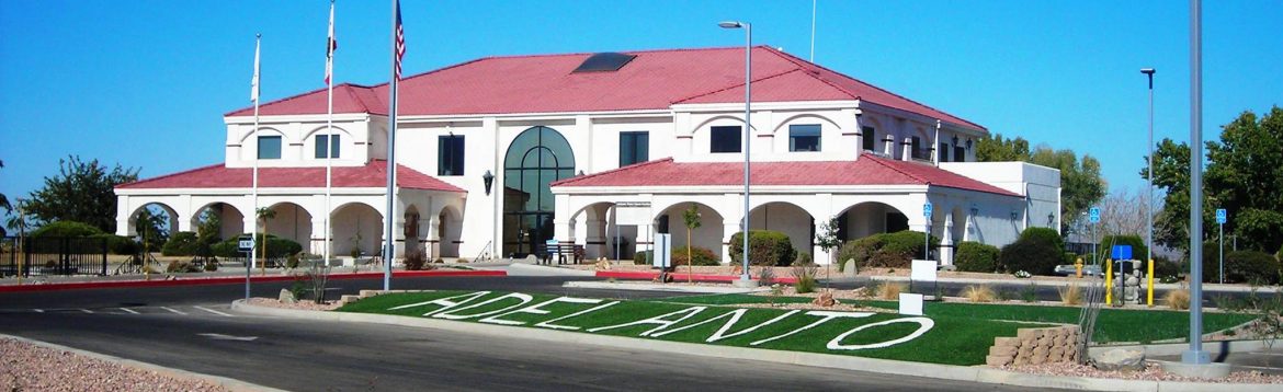 Adelanto, California city building with Adelanto spelled in the grass.