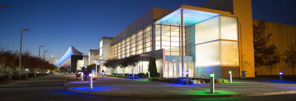 The Hampton Roads Convention Center exterior at dusk.