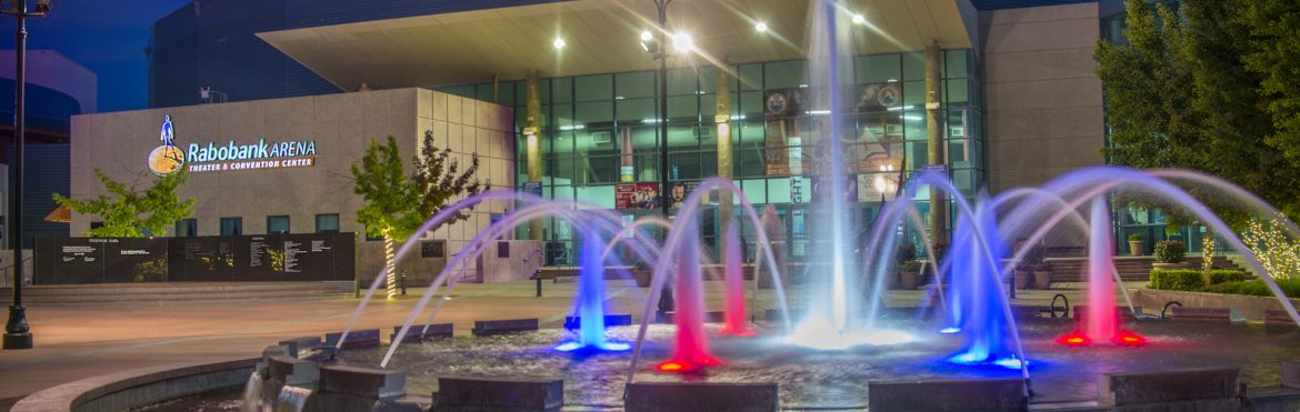 Rabobank Arena, Theater and Convention Center exterior view with a fountain in front.