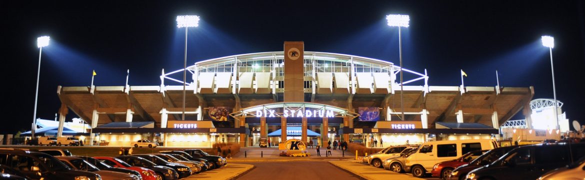 DIX Stadium front entrance at night.