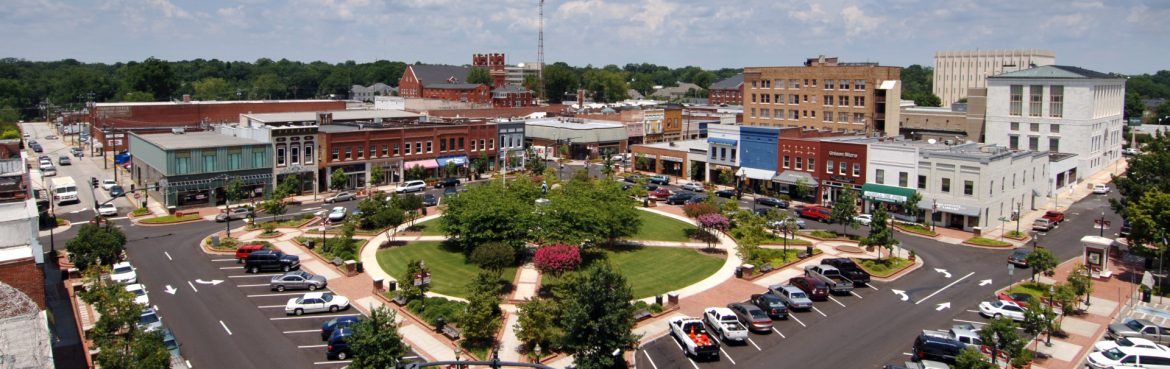Gainesville, Georgia downtown square aerial view.