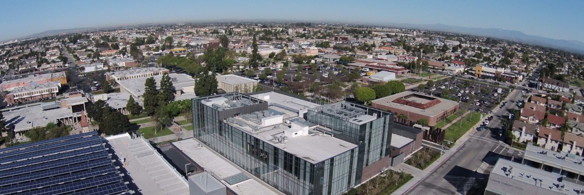 Westminster, California aerial view of city hall and surrounding area.