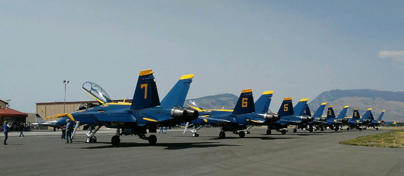 Yellowstone Regional Airport Cody Wyoming, blue angels lined up on the tarmac.