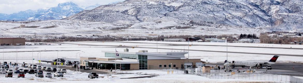 Yellowstone Regional Airport view of the airport with snow.