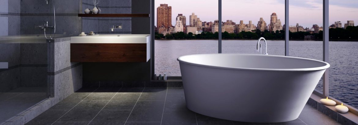 Clarke Products tub in a room with open windows overlooking water and a city skyline.