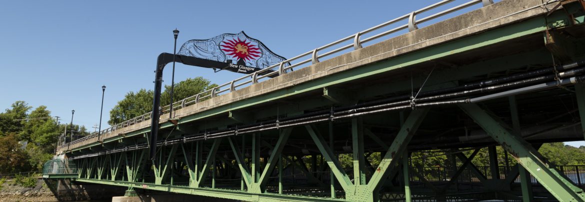New Glasgow, Nova Scotia george street bridge and marine building along the river.