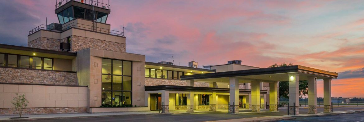 Terre Haute Regional Airport building at dusk.
