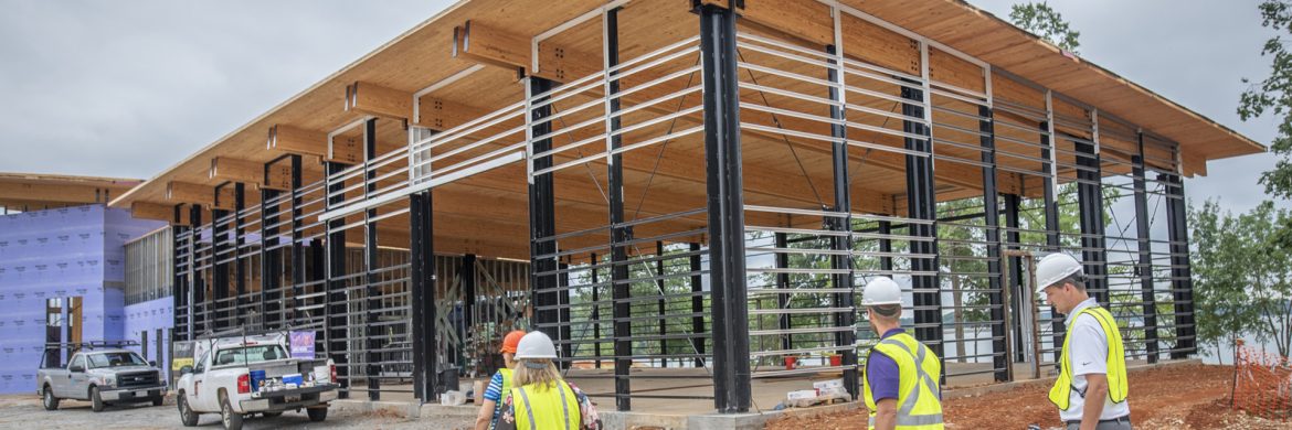 Clemson University professor Patricia Layton, director of the Wood Utilization + Design Institue, gave a tour of Clemson’s new Outdoor Education Center at the Snow Family Outdoor Fitness and Wellness center on the shore of Lake Hartwell, June 18, 2019. (Photo by Ken Scar)