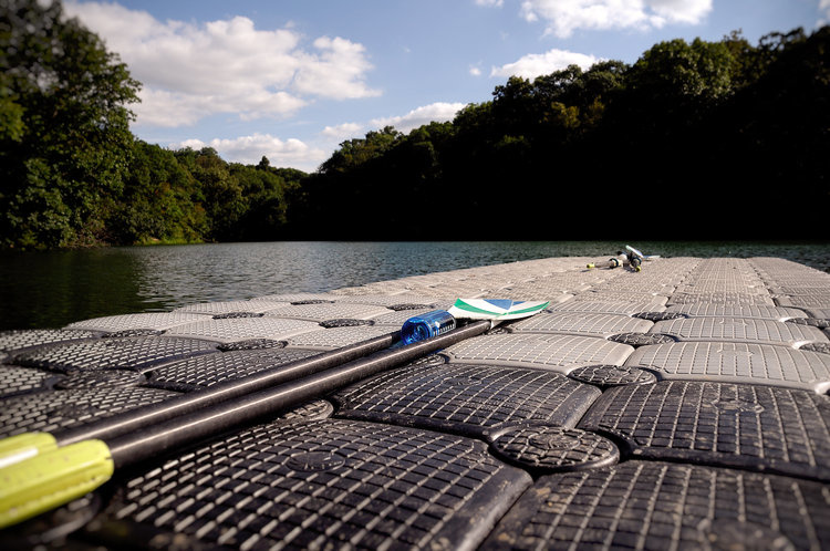 Kansas City, Kansas Wyandotte County Lake with flotation platform in the foreground.