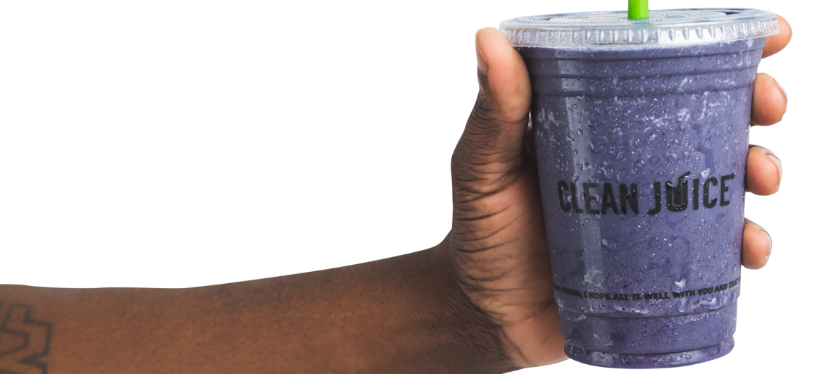 Clean Juice; arm and hand holding a cup of clean juice product