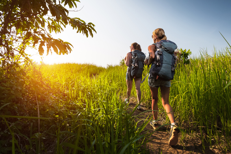 Palm Bay, Florida hikers walking through the meadow with lush grass at sunny hot day