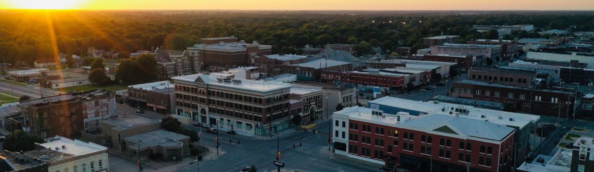 Pittsburg, Kansas aerial with sun gleaming